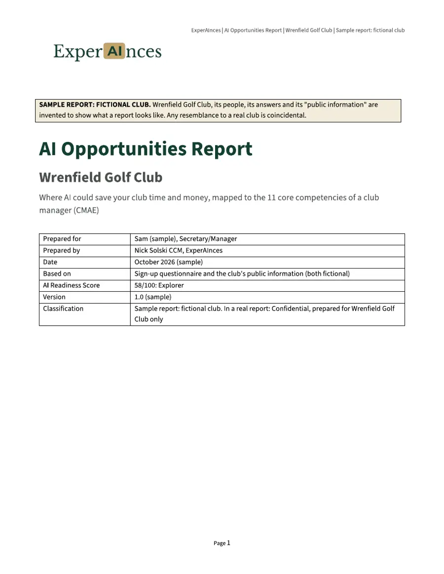 Sample report cover: AI Opportunities Report for Wrenfield Golf Club, with an AI Readiness Score of 58 out of 100, Explorer